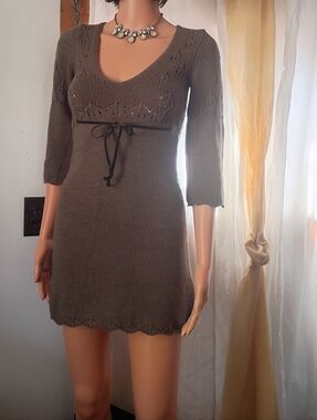 Decree Olive-Brown Knit V-Neck Mini Dress